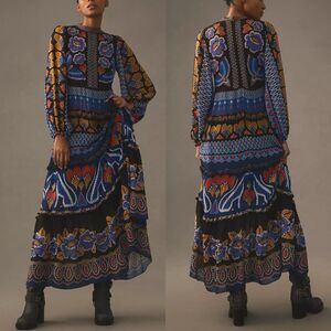 FARM RIO Ainika Dress XS Blue Floral Maxi Chiffon Long Sleeve (Didn’t wear)